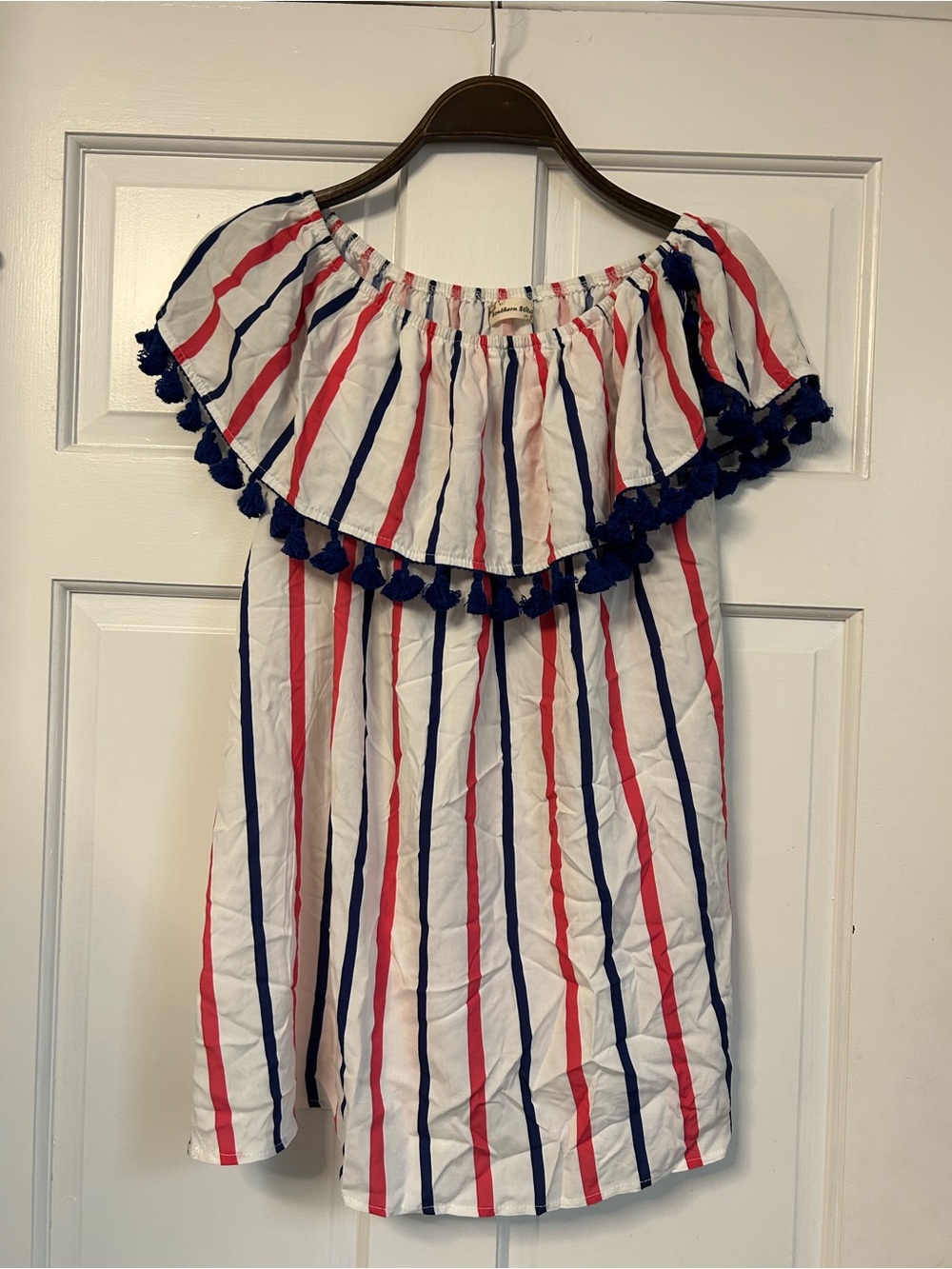 Southern Stitch Striped Off-Shoulder Top - White, Red & Navy
